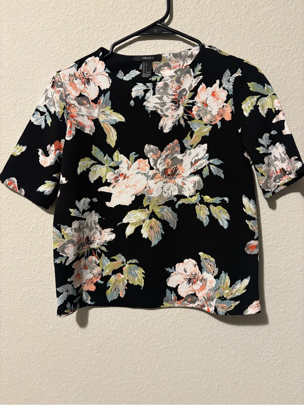 Forever 21 Black Floral Short-Sleeve Top with White, Pink & Green Blossoms